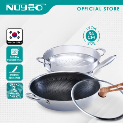 NUYEO Moje Series Honeycomb Frying Wok Stainless Steel With Steamer Basket (34cm) SUS304